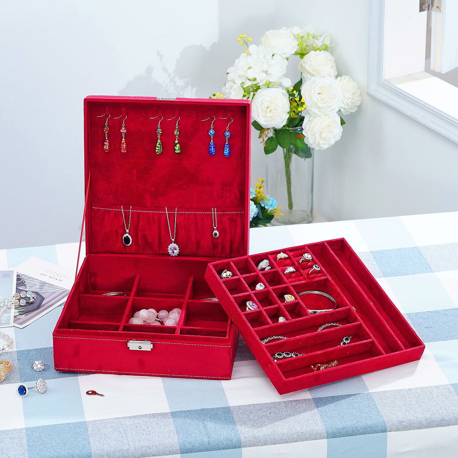 Red 2 Tier Faux Velvet Multiple Compartment Jewelry Box with Lock and Key