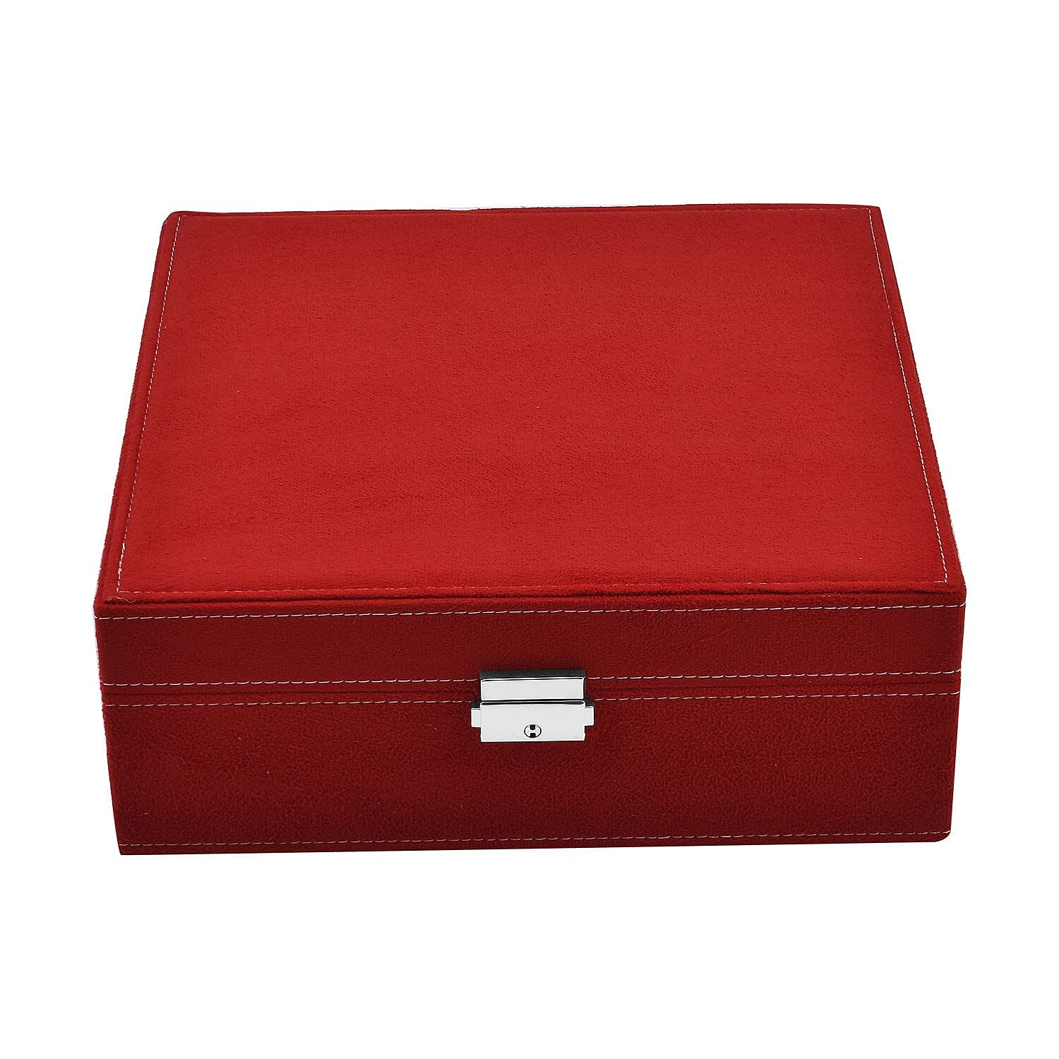 Red 2 Tier Faux Velvet Multiple Compartment Jewelry Box with Lock and Key