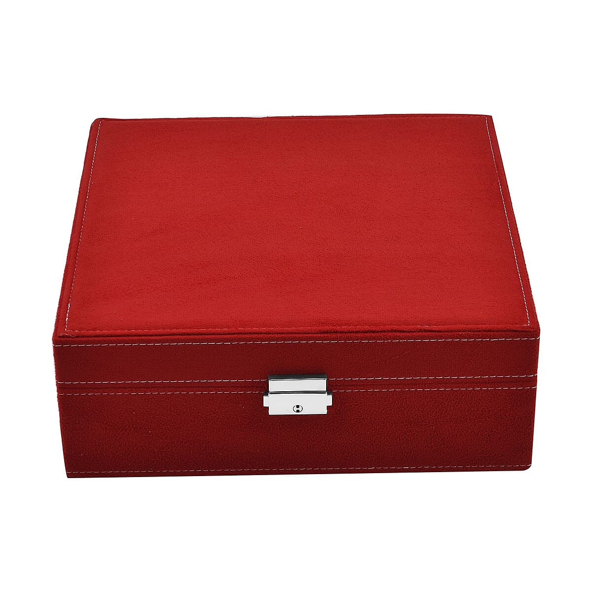Red 2 Tier Faux Velvet Multiple Compartment Jewelry Box with Lock and Key image number 2
