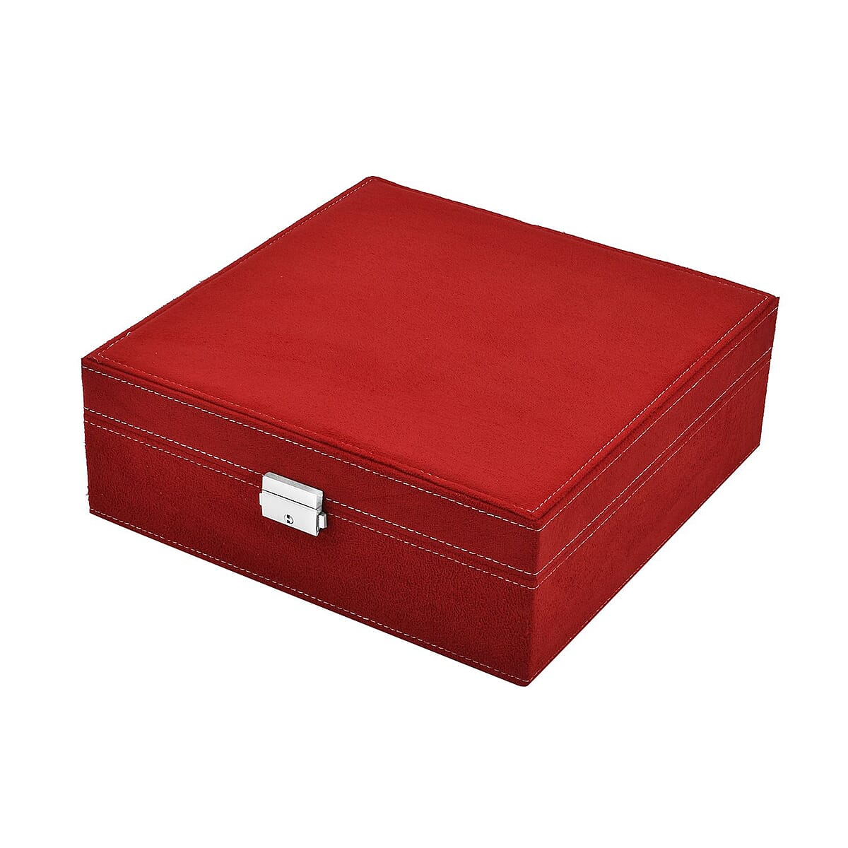 Red 2 Tier Faux Velvet Multiple Compartment Jewelry Box with Lock and Key image number 3