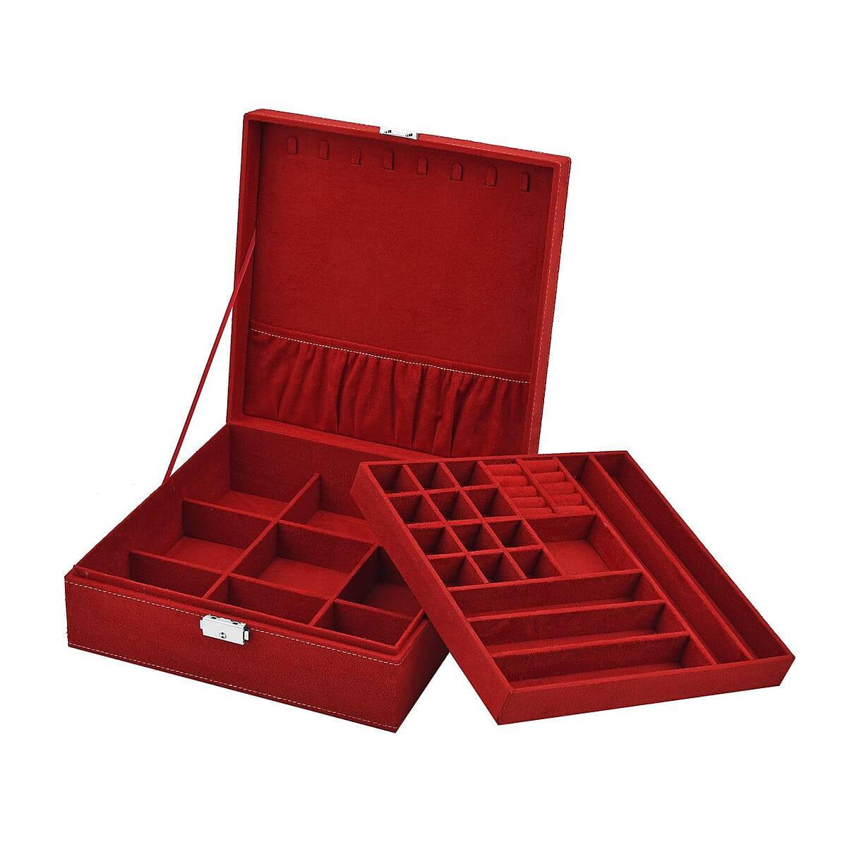 Red 2 Tier Faux Velvet Multiple Compartment Jewelry Box with Lock and Key image number 5