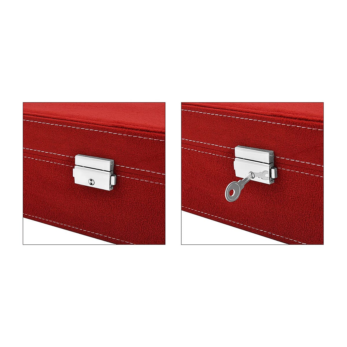 Red 2 Tier Faux Velvet Multiple Compartment Jewelry Box with Lock and Key image number 6