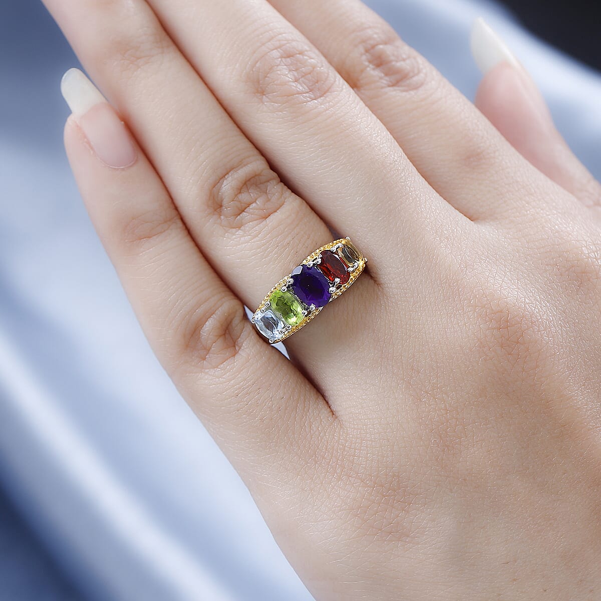 Karis African Amethyst and Multi Gemstone 5 Stone Ring in 18K YG Plated and Platinum Bond (Size 7.0) 2.40 ctw image number 2