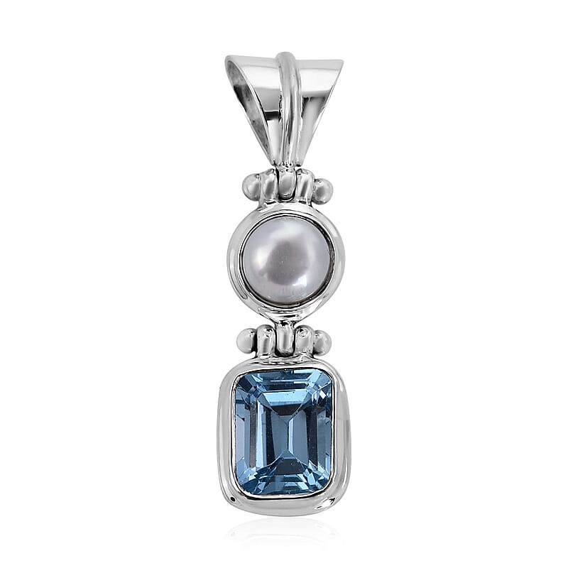 Bali Legacy Sky Blue Topaz and White Pearl Pendant without Chain in Sterling Silver 0.55 ctw