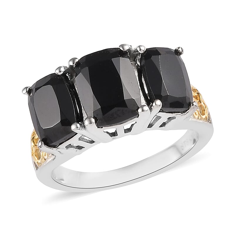 Karis Thai Black Spinel 3 Stone Ring in 18K YG Plated and Platinum Bond (Size 10.0) 4.85 ctw