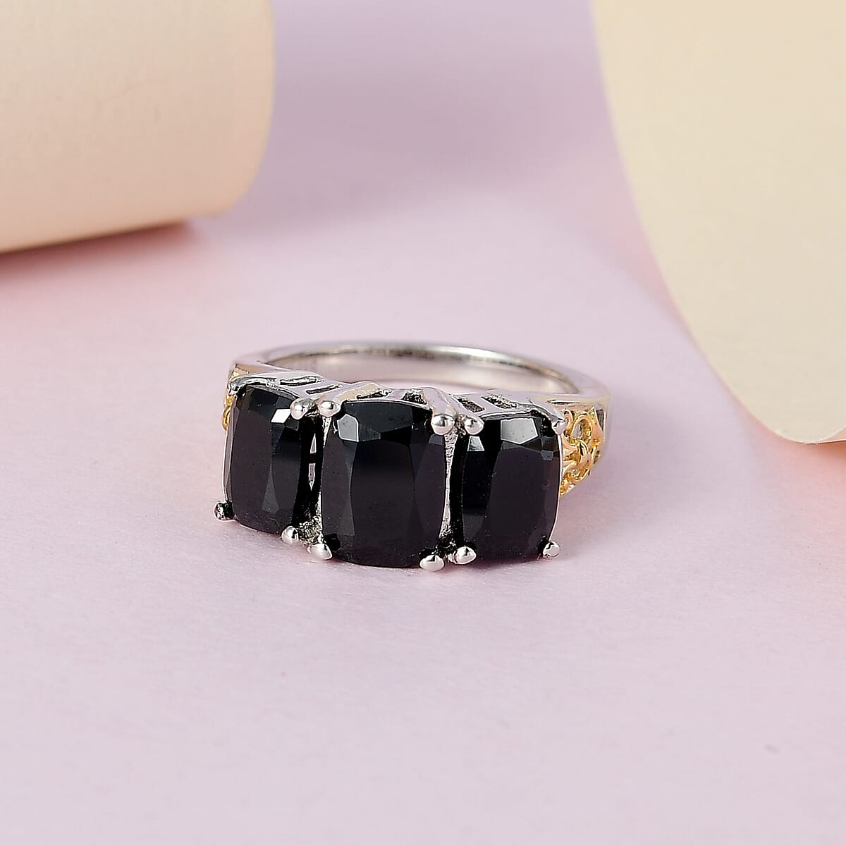 Karis Natural Thai Black Spinel 3 Stone Ring in 18K YG Plated and Platinum Bond 4.85 ctw image number 1