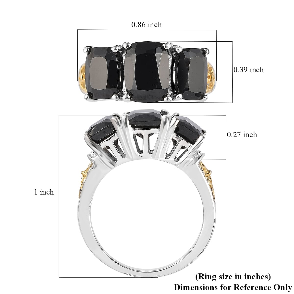 Karis Thai Black Spinel 3 Stone Ring in 18K YG Plated and Platinum Bond (Size 10.0) 4.85 ctw