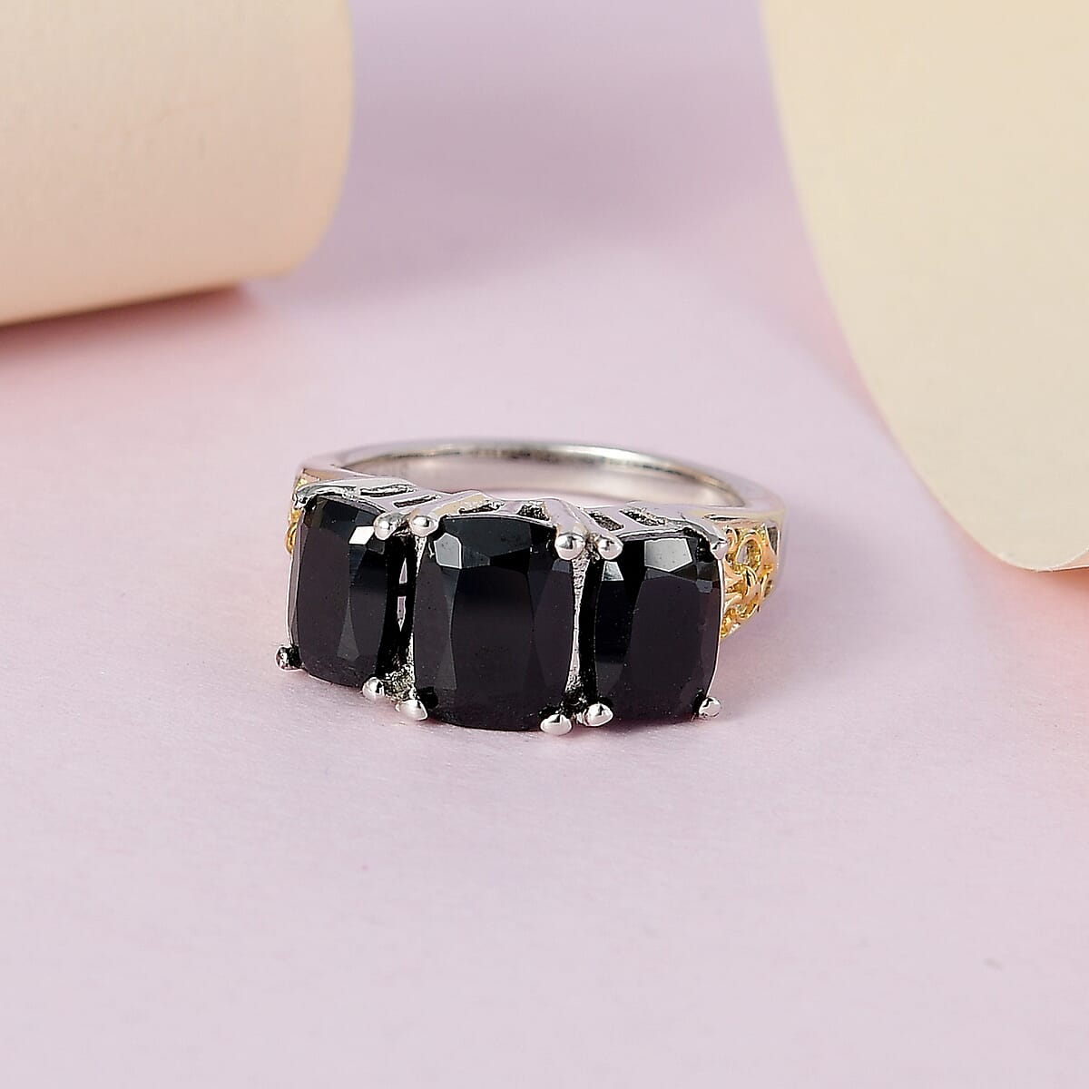 Karis Thai Black Spinel 3 Stone Ring in 18K YG Plated and Platinum Bond (Size 5.0) 4.85 ctw image number 1