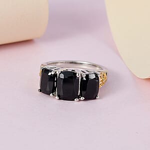 Karis Thai Black Spinel 3 Stone Ring in 18K YG Plated and Platinum Bond (Size 5.0) 4.85 ctw