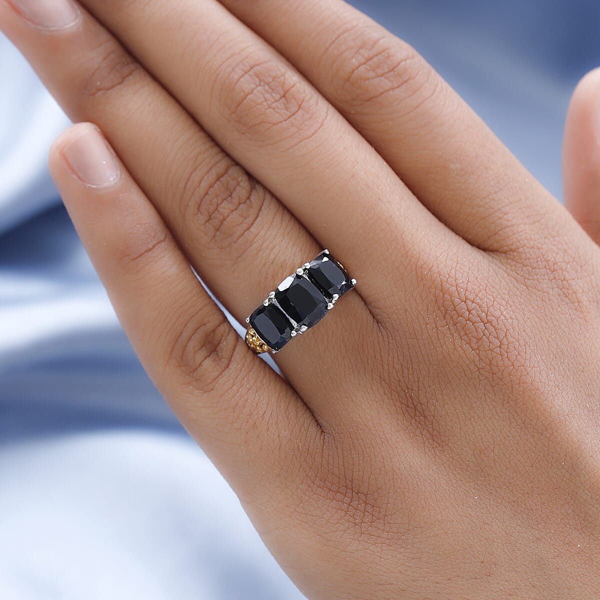 Karis Thai Black Spinel 3 Stone Ring in 18K YG Plated and Platinum Bond (Size 5.0) 4.85 ctw image number 2