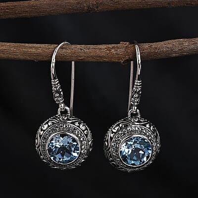Bali Legacy Sky Blue Topaz and White Topaz Floral Framework Earrings in Sterling Silver 1.30 ctw
