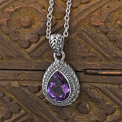 Bali Legacy Amethyst and Simulated Diamond Pendant in Sterling Silver 1.25 ctw