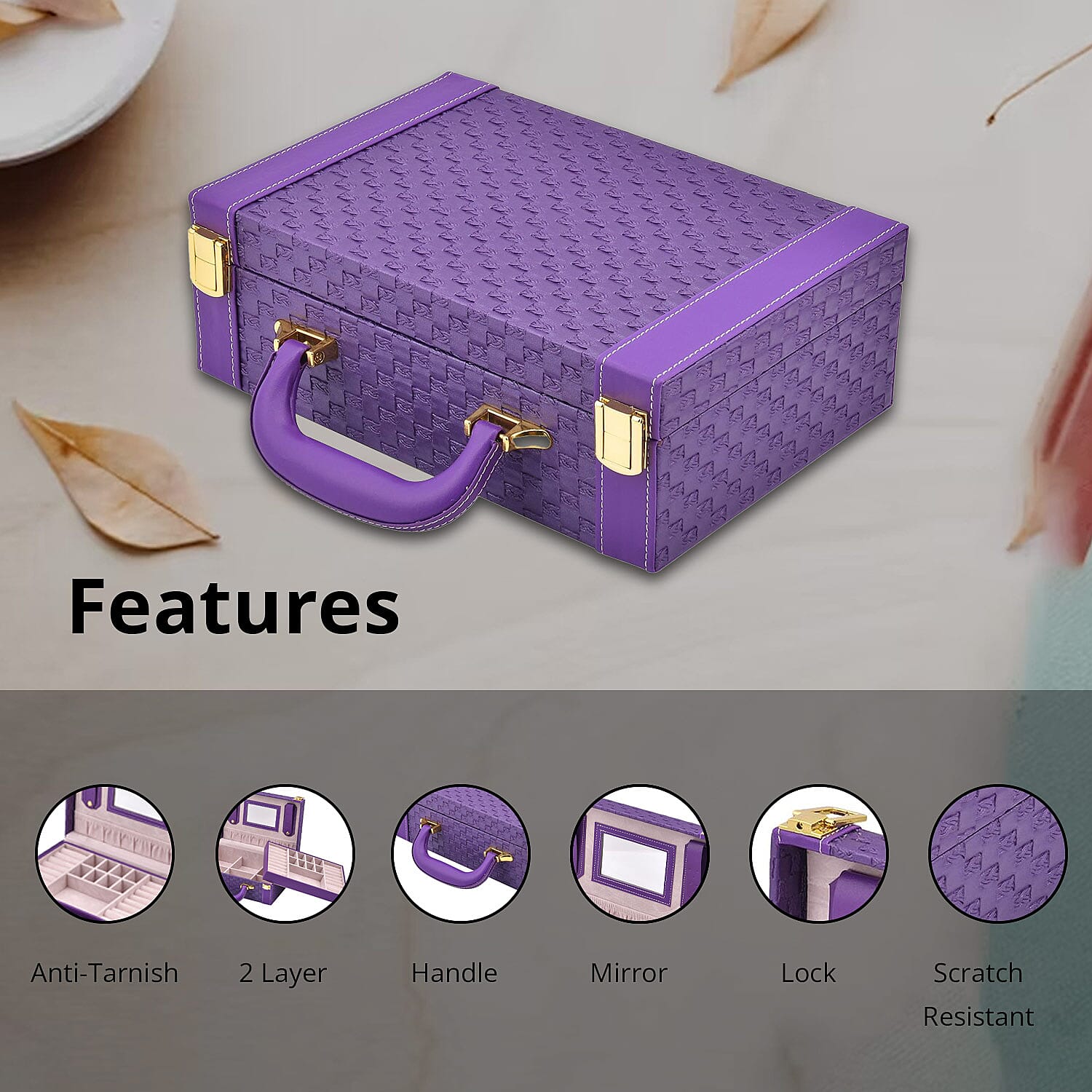 Purple Faux Leather Woven Texture 2 Layer Briefcase Jewelry Box