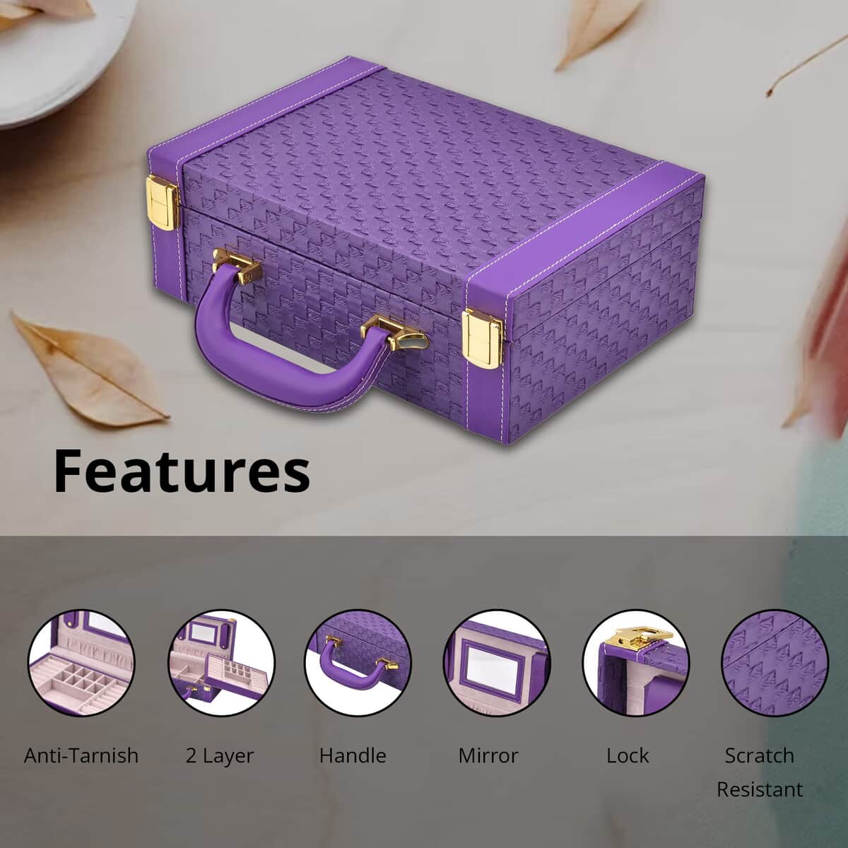 Purple Faux Leather Woven Texture 2 Layer Briefcase Jewelry Box (10.8"x7.3"x3.25") image number 2