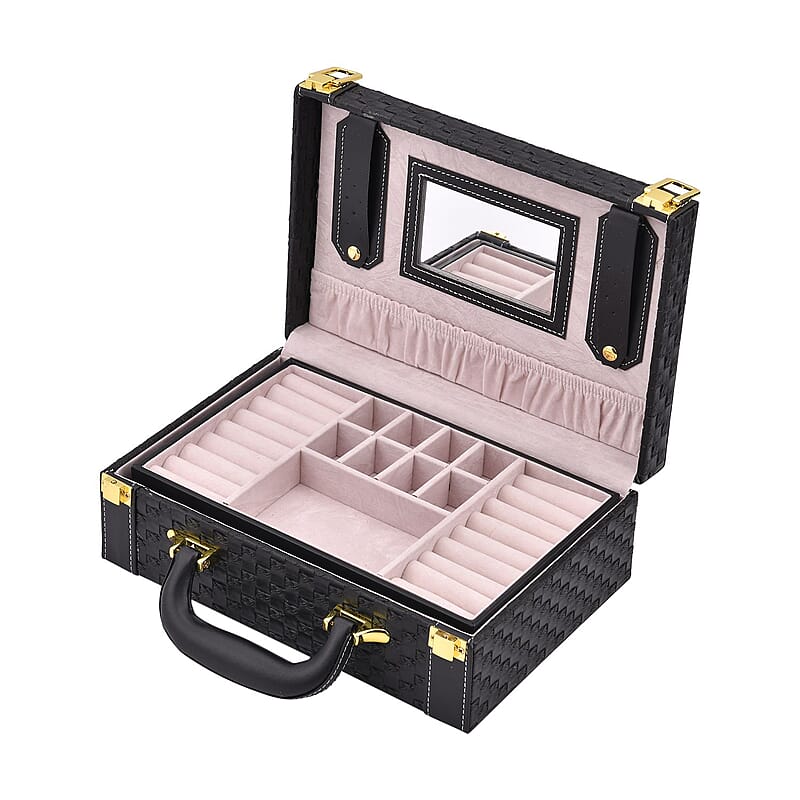 Black Faux Leather Woven Texture 2 Layer Briefcase Jewelry Box, Jewelry Storage Box for Women, Jewelry Case, Jewelry Organizer