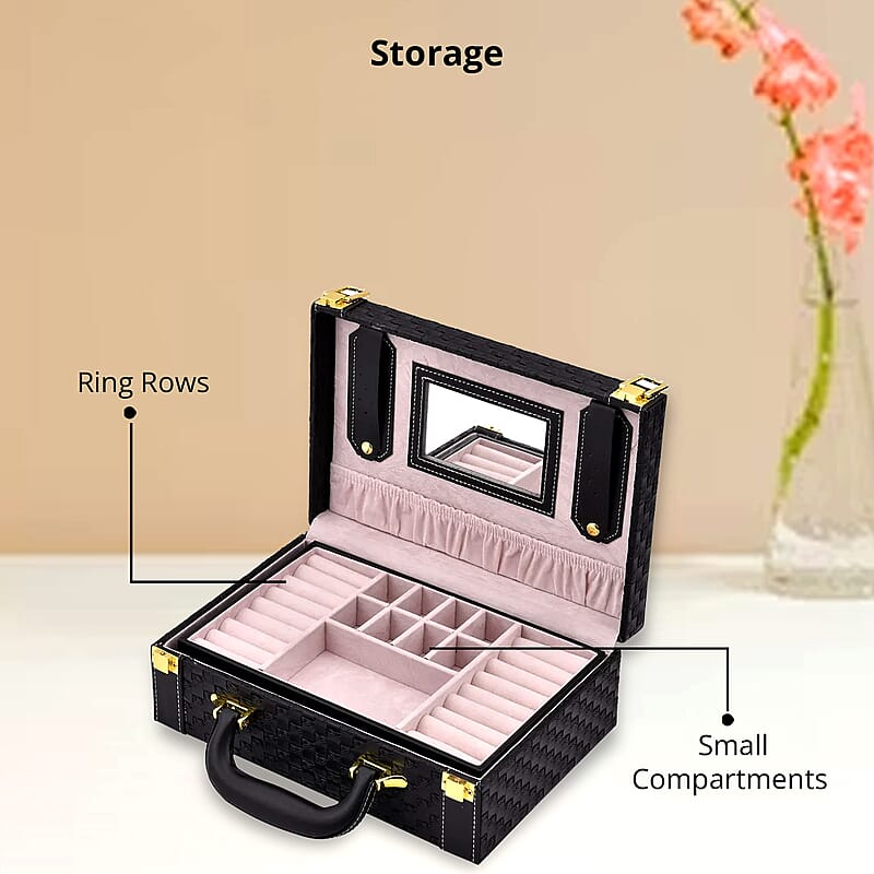 Black Faux Leather Woven Texture 2 Layer Briefcase Jewelry Box, Jewelry Storage Box for Women, Jewelry Case, Jewelry Organizer