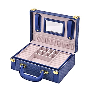 Blue Faux Leather Woven Texture 2 Layer Briefcase Jewelry Box
