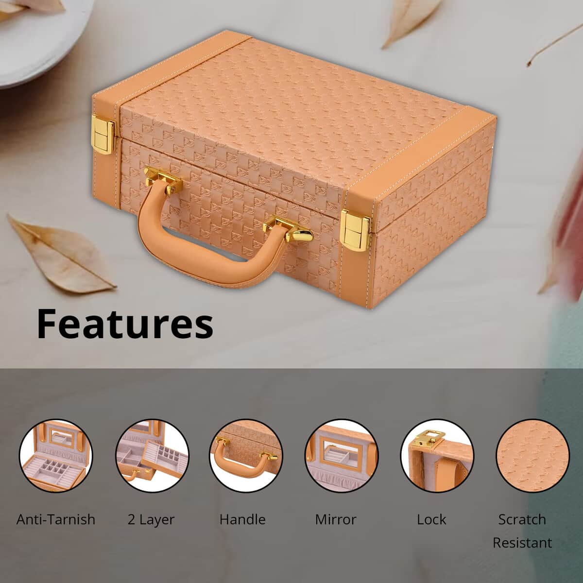 Peach Faux Leather Woven Texture 2 Layer Briefcase Jewelry Box, Jewelry Storage Box for Women, Jewelry Case, Jewelry Organizer image number 2