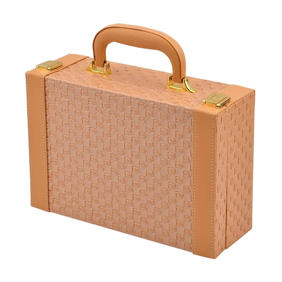 Peach Faux Leather Woven Texture 2 Layer Briefcase Jewelry Box, Jewelry Storage Box for Women, Jewelry Case, Jewelry Organizer image number 5