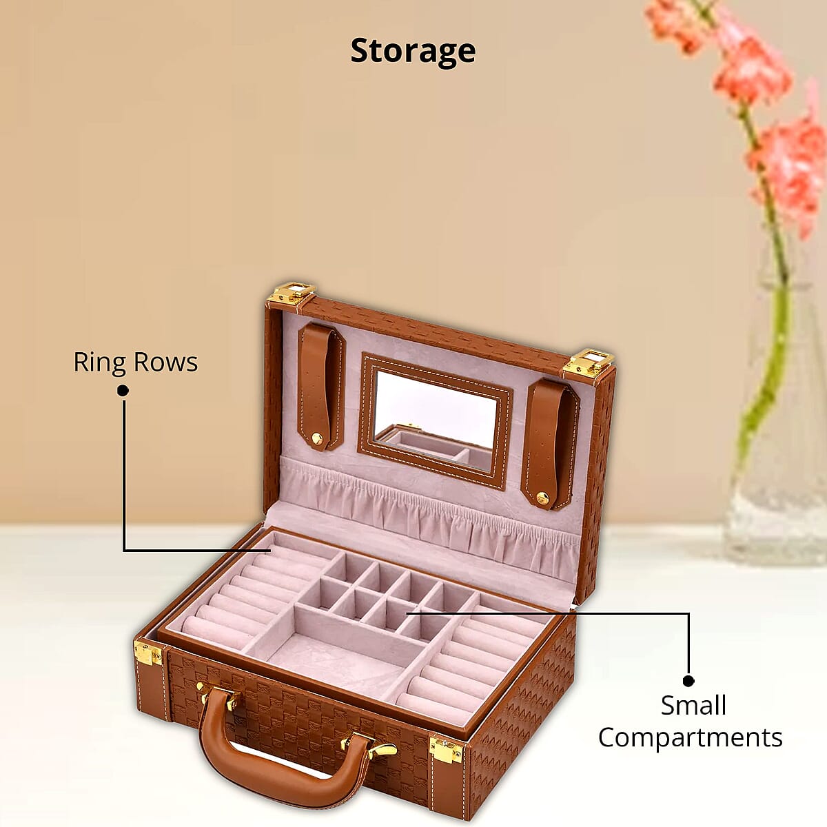 Brown Faux Leather Woven Texture 2 Layer Briefcase Jewelry Box, Jewelry Storage Box for Women, Jewelry Case, Jewelry Organizer image number 3