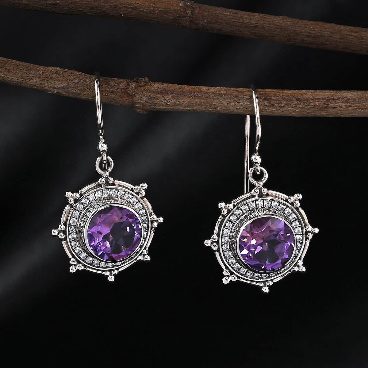Mother’s Day Gift Bali Legacy Amethyst and Simulated Diamond Sun Star Earrings in Sterling Silver 1.40 ctw image number 1