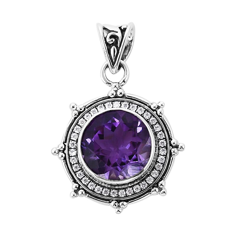 Bali Legacy Amethyst and Simulated Diamond Sun Star Pendant without Chain in Sterling Silver 1.20 ctw