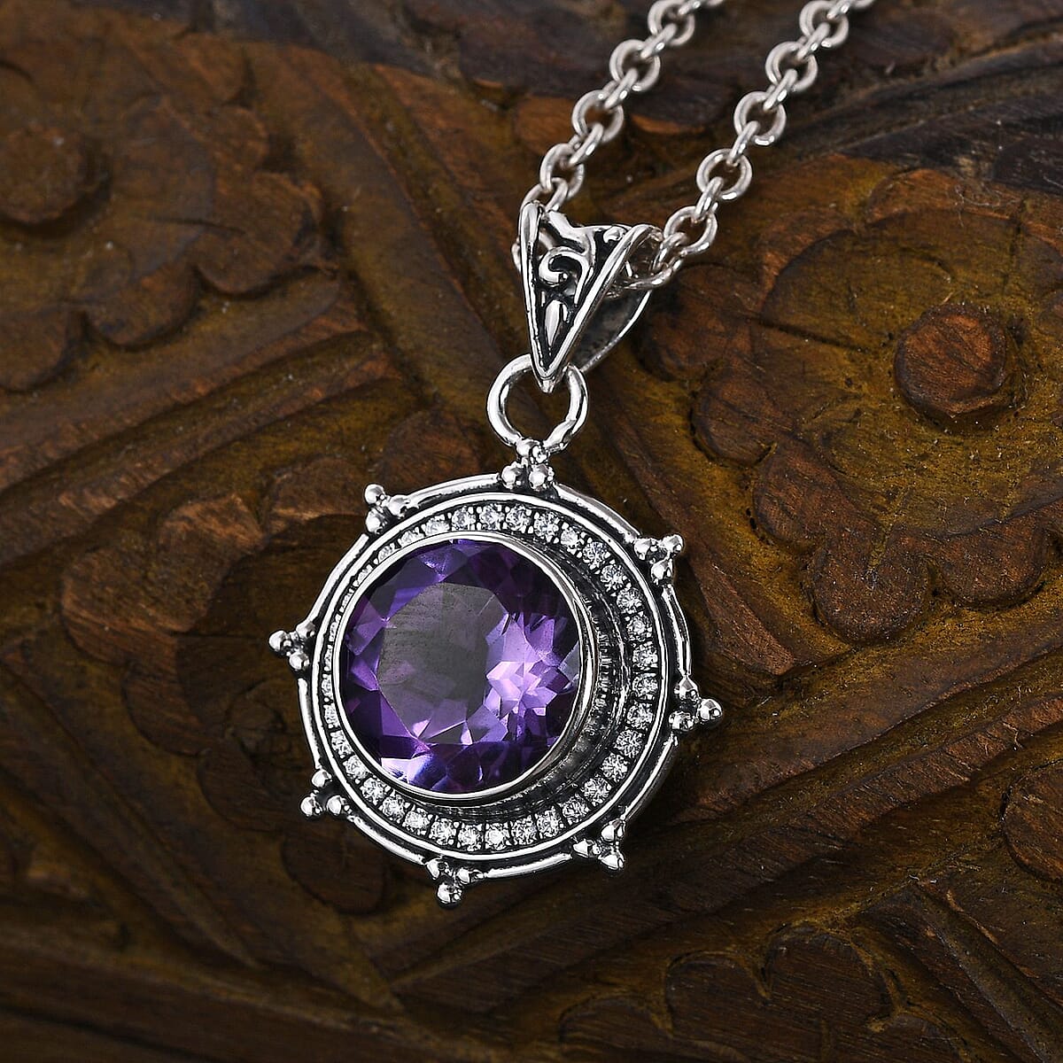 Bali Legacy Amethyst and Simulated Diamond Sun Star Pendant without Chain in Sterling Silver 1.20 ctw image number 1
