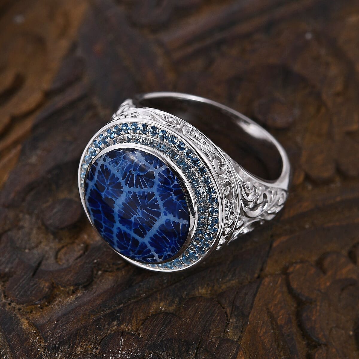 Bali Legacy Blue Resin Shell and Swiss Blue Topaz Floral Framework Ring in Sterling Silver (Size 6.0) 0.40 ctw image number 1