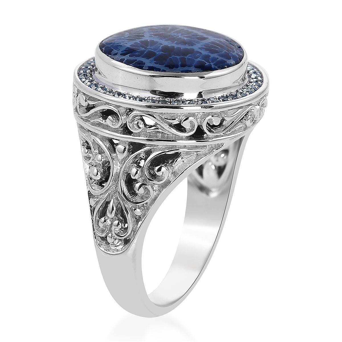 Bali Legacy Blue Resin Shell and Swiss Blue Topaz Floral Framework Ring in Sterling Silver (Size 6.0) 0.40 ctw image number 3