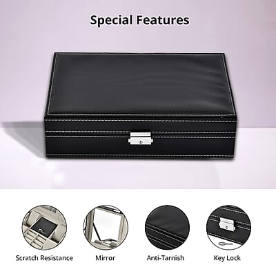 Black Faux Leather Watch and Jewelry Organizer with Lock