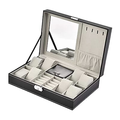 Black Faux Leather Watch and Jewelry Organizer with Lock