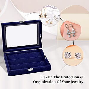 Navy Blue Velvet Earrings Box with Glass Window