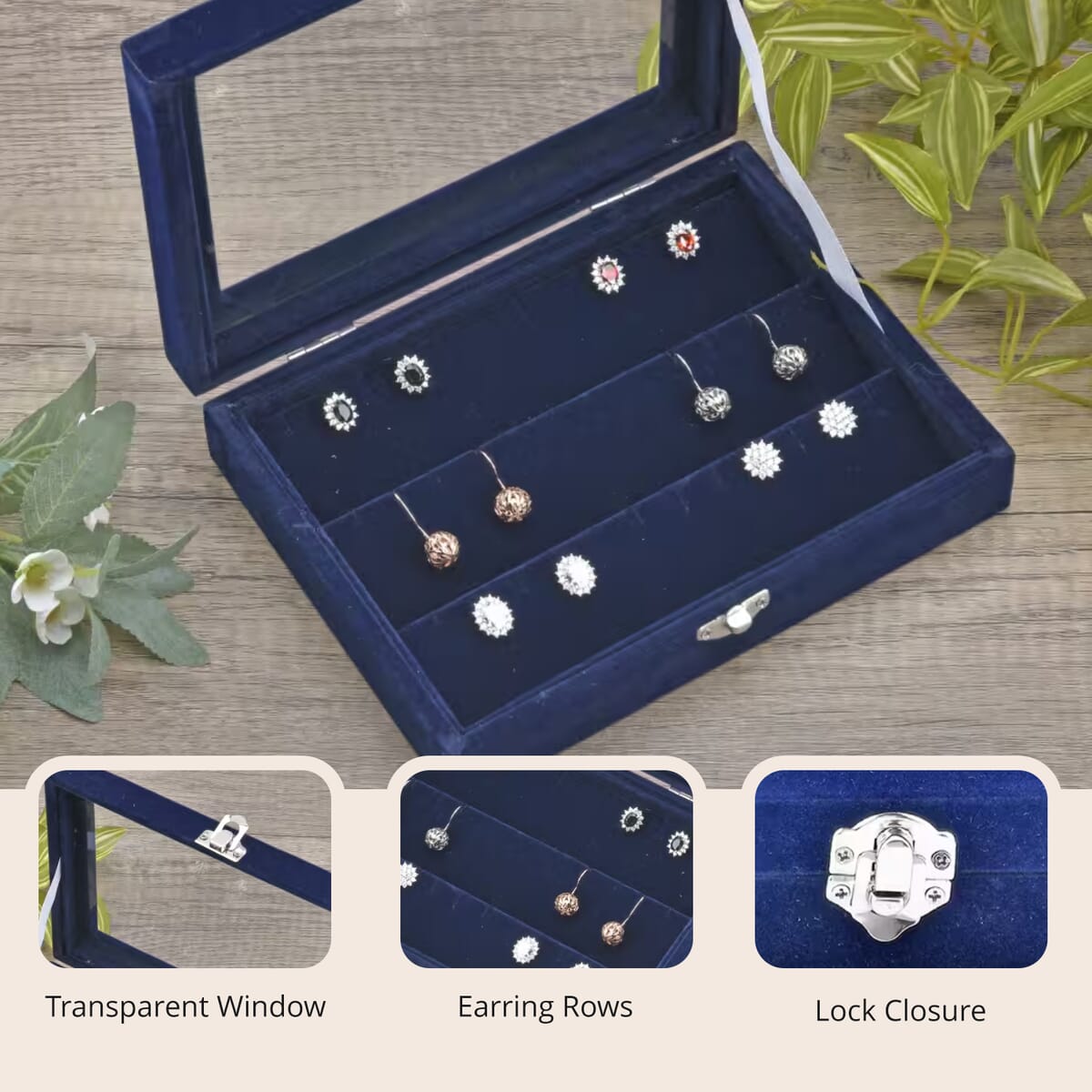 Navy Blue Velvet Earrings Box with Glass Window image number 2
