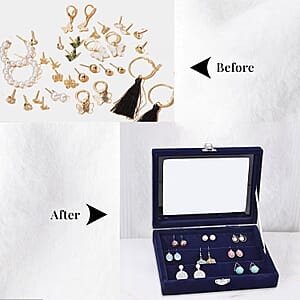Navy Blue Velvet Earrings Box with Glass Window