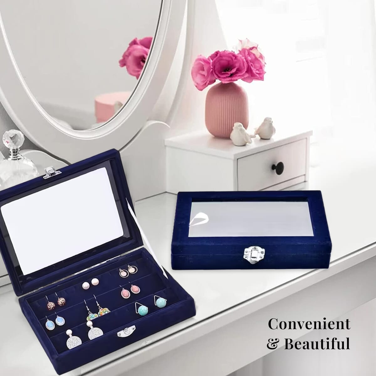 Navy Blue Velvet Earrings Box with Glass Window image number 5