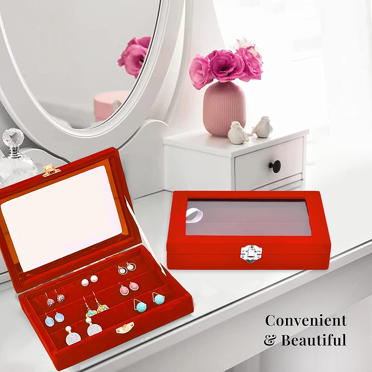 Red Velvet Earrings Box with Glass Window image number 5