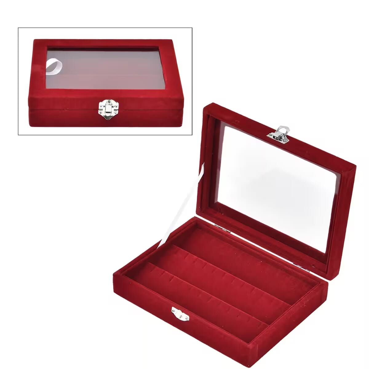 Burgundy Color Velvet Earrings Box with Glass Window image number 0