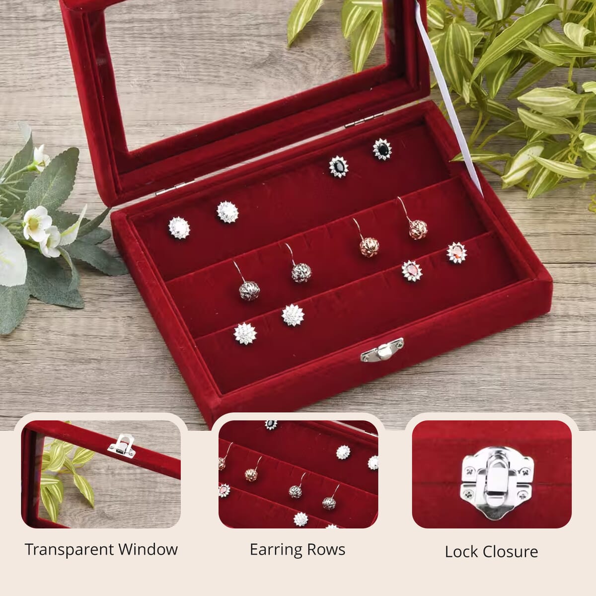 Burgundy Color Velvet Earrings Box with Glass Window image number 2