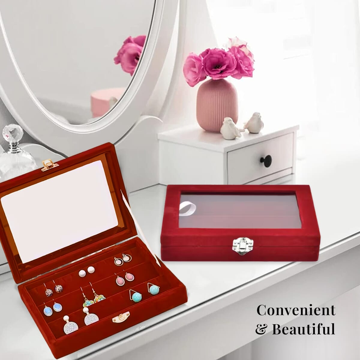 Burgundy Color Velvet Earrings Box with Glass Window image number 5