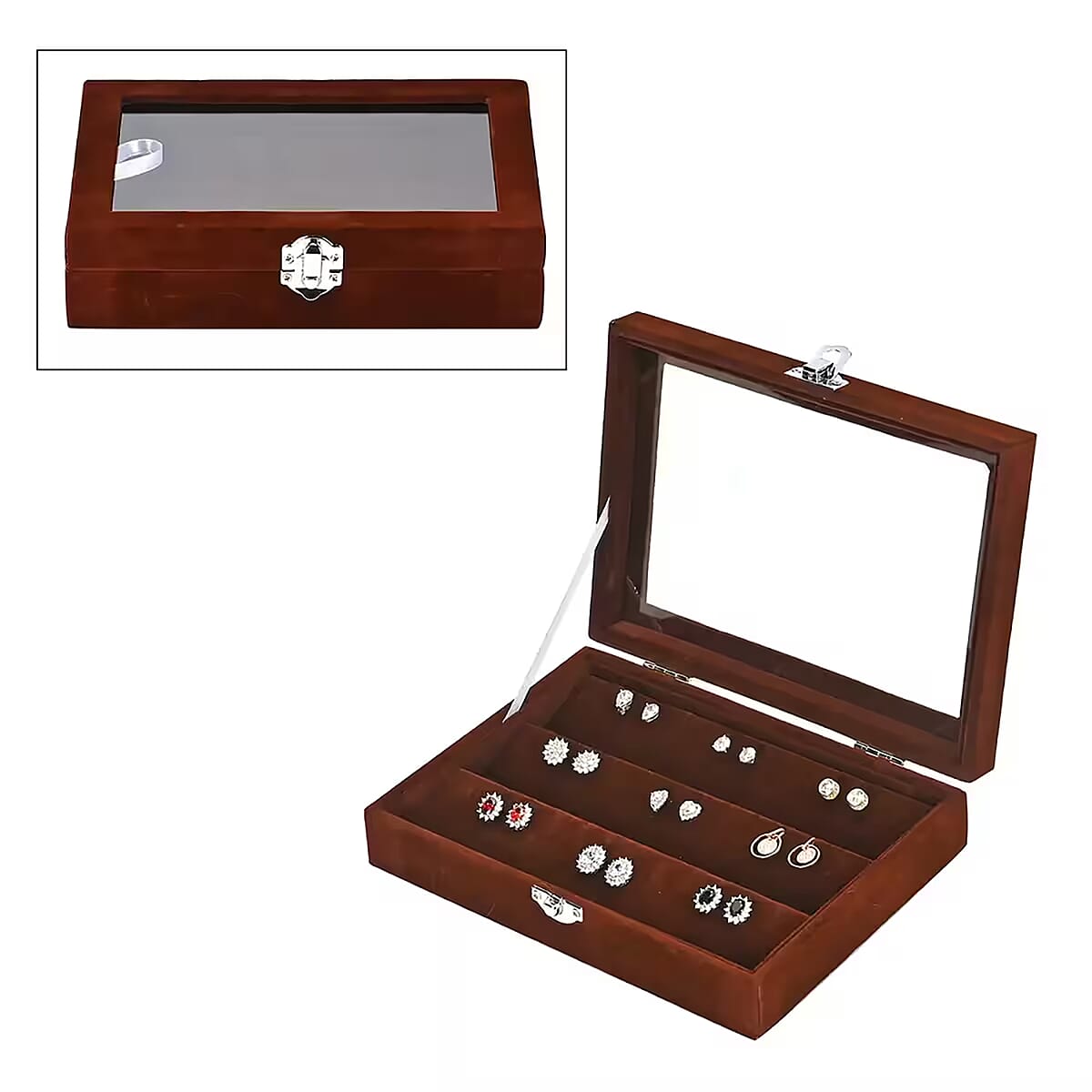 Coffee Velvet Earrings Box with Glass Window image number 0