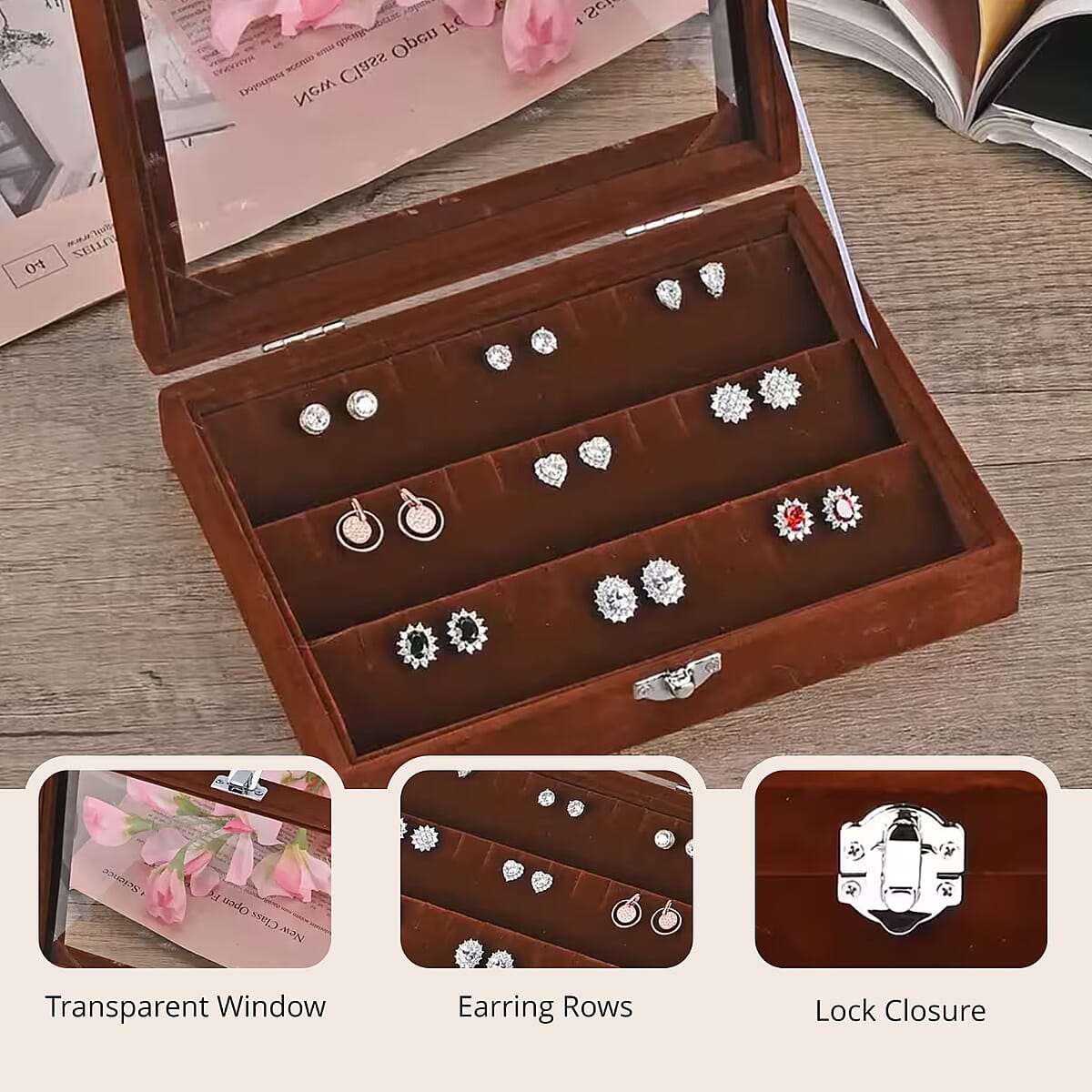 Coffee Velvet Earrings Box with Glass Window image number 2