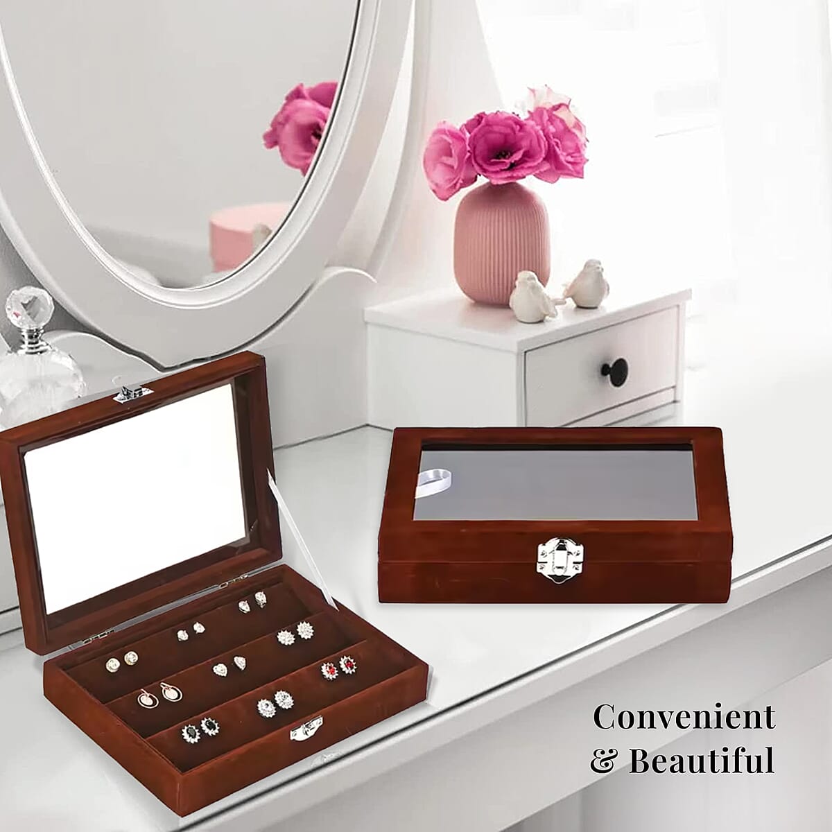 Coffee Velvet Earrings Box with Glass Window image number 5