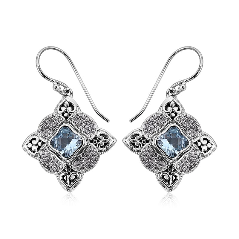 Bali Legacy Blue Topaz and Simulated Diamond Floral Earrings in Sterling Silver 0.90 ctw