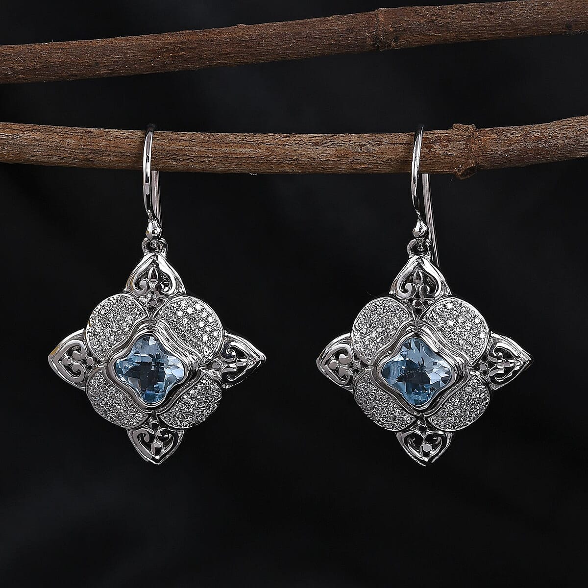 Bali Legacy Blue Topaz and Simulated Diamond Floral Earrings in Sterling Silver 0.90 ctw image number 1