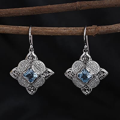 Bali Legacy Blue Topaz and Simulated Diamond Floral Earrings in Sterling Silver 0.90 ctw
