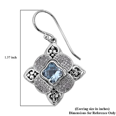 Bali Legacy Blue Topaz and Simulated Diamond Floral Earrings in Sterling Silver 0.90 ctw