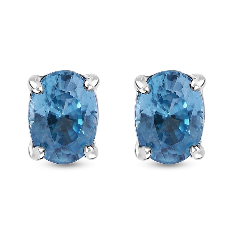 Cambodian Blue Zircon Earrings, Stud Earrings, Solitaire Studs, Blue Zircon Earrings, Sterling Silver Earrings 2.40 ctw