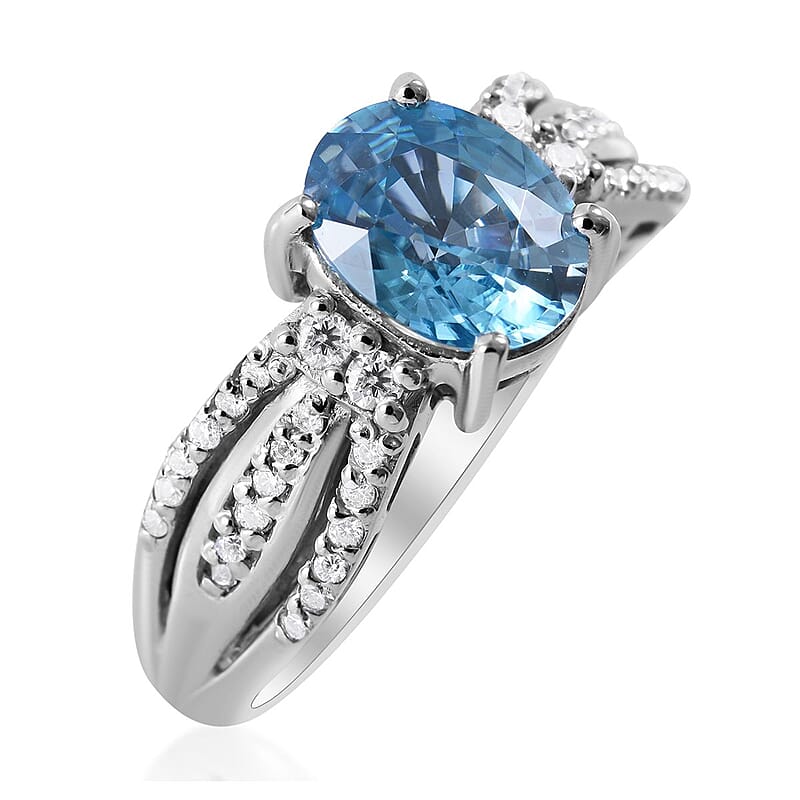 Cambodian Blue Zircon and Moissanite Ring in Platinum Over Sterling Silver (Size 10.0) 4.00 ctw