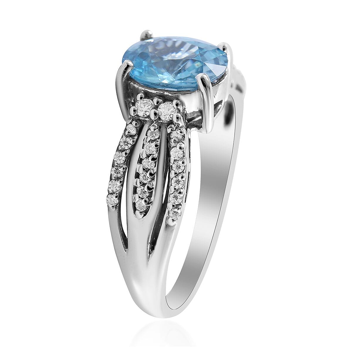Cambodian Blue Zircon and Moissanite Ring in Platinum Over Sterling Silver 4.00 ctw (Delivery in 5-7 Business Days) image number 2