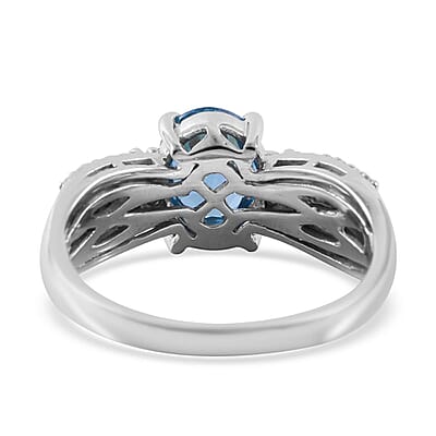 Cambodian Blue Zircon and Moissanite Ring in Platinum Over Sterling Silver (Size 10.0) 4.00 ctw